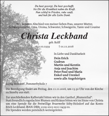 Traueranzeige von Christa Leckband von Eckernförder Zeitung