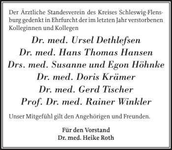Traueranzeige von Der Ärztliche Standesverein des Kreises Schleswig-Flensburg  von Schleswiger Nachrichten