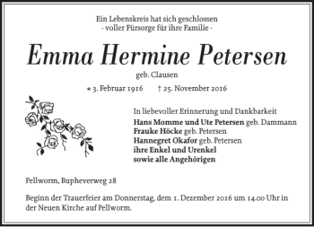 Traueranzeige von Emma Hermine Petersen von Husumer Nachrichten