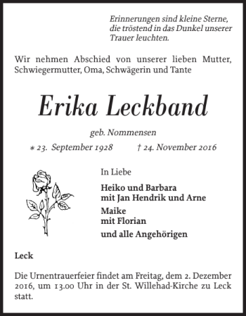 Traueranzeige von Erika Leckband von Nordfriesland Tageblatt