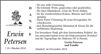 Traueranzeige von Erwin Petersen von Husumer Nachrichten