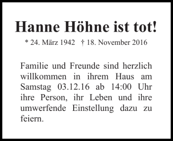 Traueranzeige von Hanne Höhne von Pinneberger Tageblatt