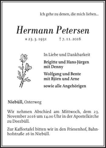 Traueranzeige von Hermann Petersen von Husumer Nachrichten