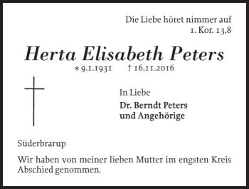Traueranzeige von Herta Elisabeth Peters von Schleswiger Nachrichten