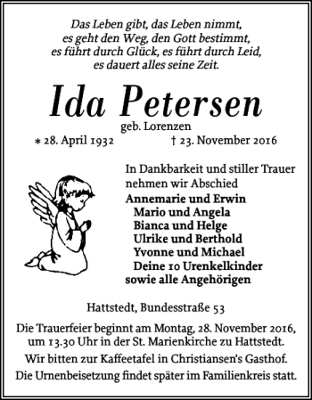 Traueranzeige von Ida Petersen von Husumer Nachrichten