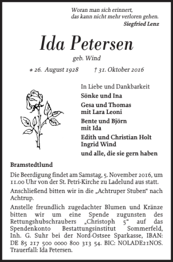 Traueranzeige von Ida Petersen von Flensburger Tageblatt