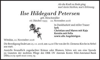 Traueranzeige von Ilse Hildegard Petersen von Der Insel-Bote