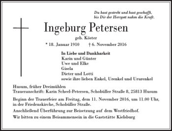 Traueranzeige von Ingeburg Petersen von Husumer Nachrichten