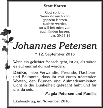 Traueranzeige von Johannes Petersen von Flensburger Tageblatt