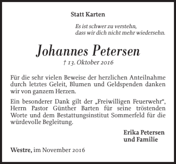 Traueranzeige von Johannes Petersen von Nordfriesland Tageblatt