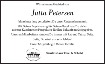 Traueranzeige von Jutta Petersen von Flensburger Tageblatt