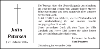 Traueranzeige von Jutta Petersen von Flensburger Tageblatt
