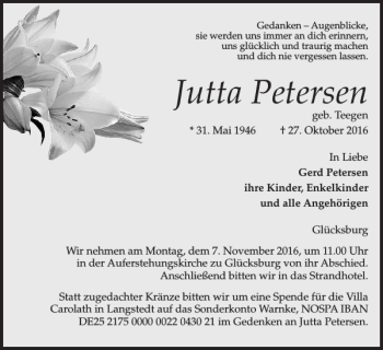 Traueranzeige von Jutta Petersen von Flensburger Tageblatt
