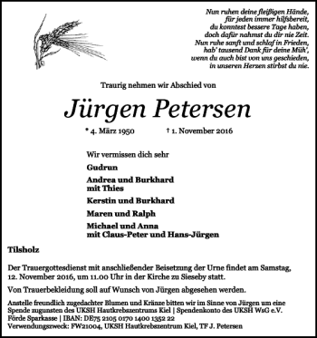 Traueranzeige von Jürgen Petersen von Schlei-Bote