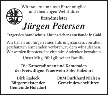 Traueranzeige von Jürgen Petersen von Eckernförder Zeitung