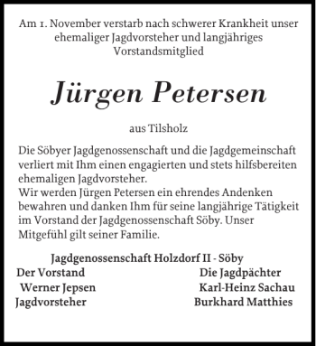 Traueranzeige von Jürgen Petersen von Eckernförder Zeitung