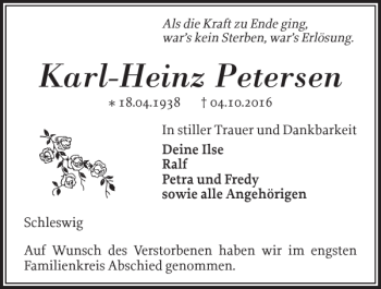Traueranzeige von Karl-heinz Petersen von Schleswiger Nachrichten