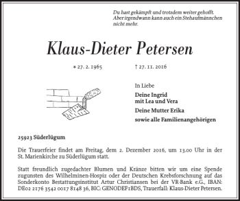 Traueranzeige von Klaus-Dieter Petersen von Nordfriesland Tageblatt