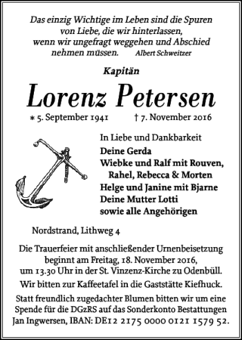 Traueranzeige von Lorenz Petersen von Husumer Nachrichten