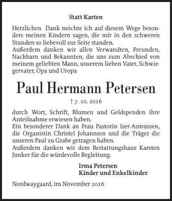 Traueranzeige von Paul Hermann Petersen von Nordfriesland Tageblatt