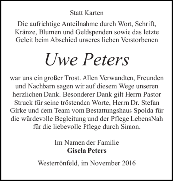Traueranzeige von Uwe Peters von Landeszeitung