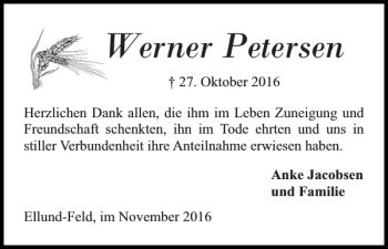 Traueranzeige von Werner Petersen von Flensburger Tageblatt