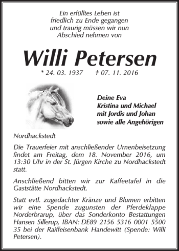 Traueranzeige von Willi Petersen von Flensburger Tageblatt