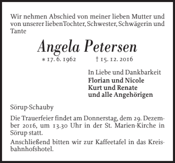 Traueranzeige von Angela Petersen von Flensburger Tageblatt