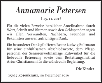 Traueranzeige von Annamarie Petersen von Nordfriesland Tageblatt