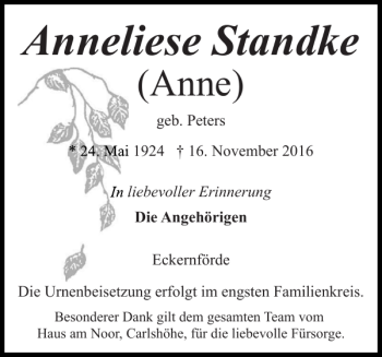 Traueranzeige von Anneliese Standke (Anne) geb. Peters von Eckernförder Zeitung