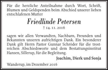 Traueranzeige von Friedlinde Petersen von Flensburger Tageblatt