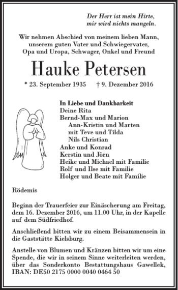 Traueranzeige von Hauke Petersen von Husumer Nachrichten