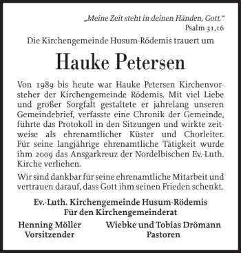 Traueranzeige von Hauke Petersen von Husumer Nachrichten