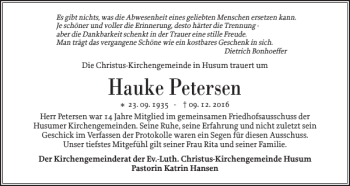 Traueranzeige von Hauke Petersen von Husumer Nachrichten