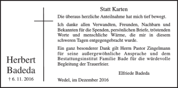 Traueranzeige von Herbert Badeda von Wedel-Schulauer Tageblatt