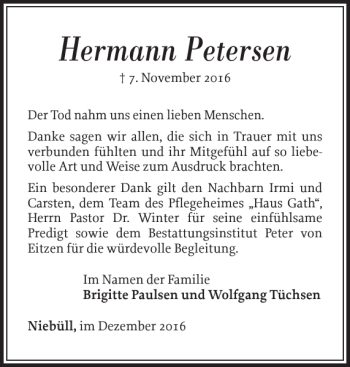 Traueranzeige von Hermann Petersen von Nordfriesland Tageblatt