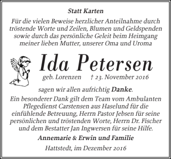 Traueranzeige von Ida Petersen von Husumer Nachrichten