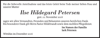 Traueranzeige von Ilse Hildegard Petersen von Der Insel-Bote