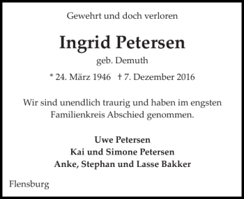 Traueranzeige von Ingrid Petersen von Flensburger Tageblatt