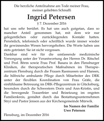 Traueranzeige von Ingrid Petersen von Flensburger Tageblatt