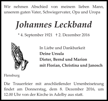 Traueranzeige von Johannes Leckband von Flensburger Tageblatt