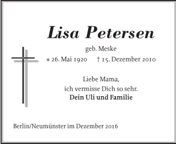 Traueranzeige von Lisa Petersen von Holsteinischer Courier