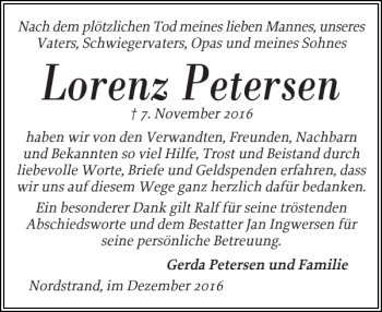 Traueranzeige von Lorenz Petersen von Husumer Nachrichten