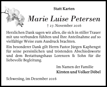 Traueranzeige von Marie Luise Petersen von Husumer Nachrichten