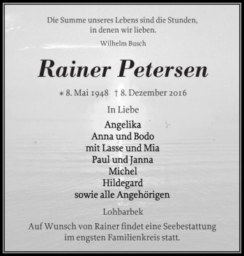 Traueranzeige von Raine Petersen von Norddeutsche Rundschau