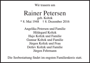 Traueranzeige von Rainer Petersen von Pinneberger Tageblatt
