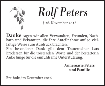 Traueranzeige von Rolf Peters von Landeszeitung