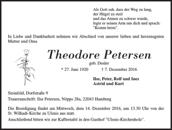 Traueranzeige von Theodore Petersen von Schleswiger Nachrichten