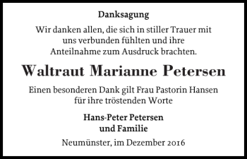Traueranzeige von Waltraut Marianne Petersen von Holsteinischer Courier