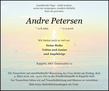Traueranzeige von Andre Petersen von Flensburger Tageblatt